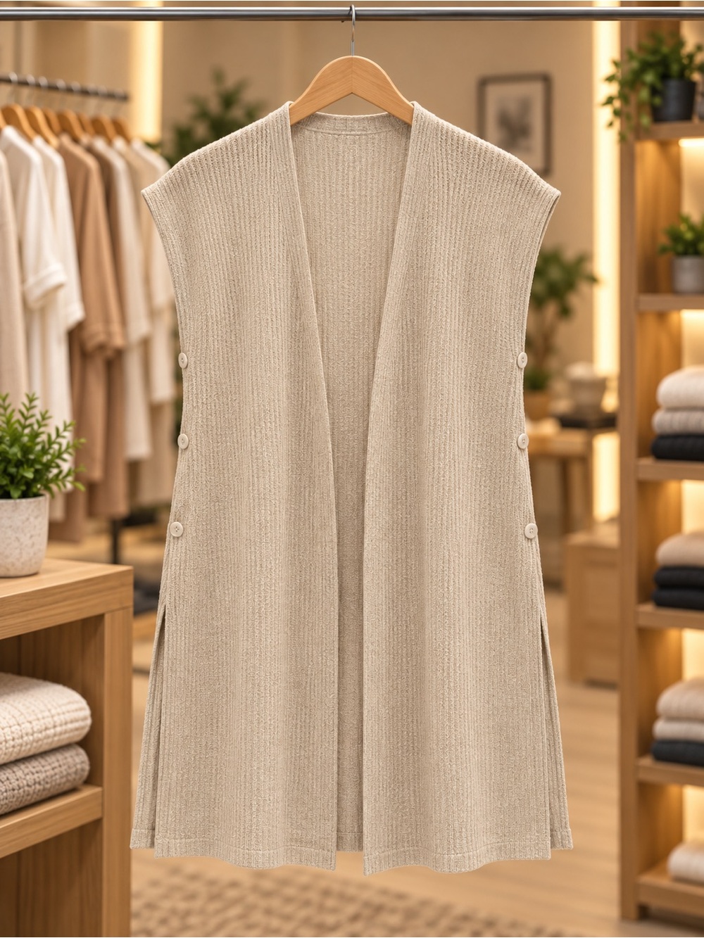 Impressions Cream Ribbed Midi Dress with Side Buttons